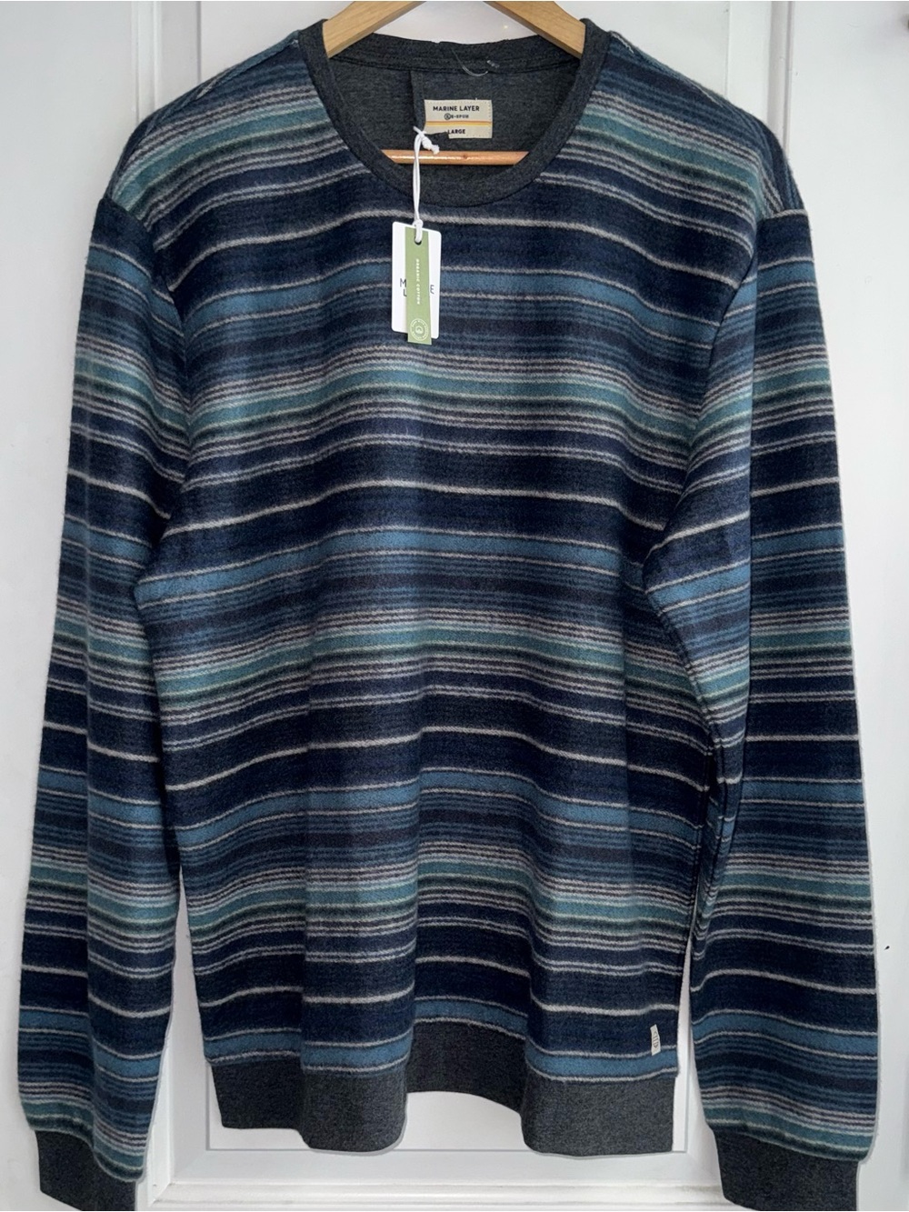 NWT Marine Layer Re-Spun Fleece Out Stripe Crewneck Sweater in “Blue Multi”